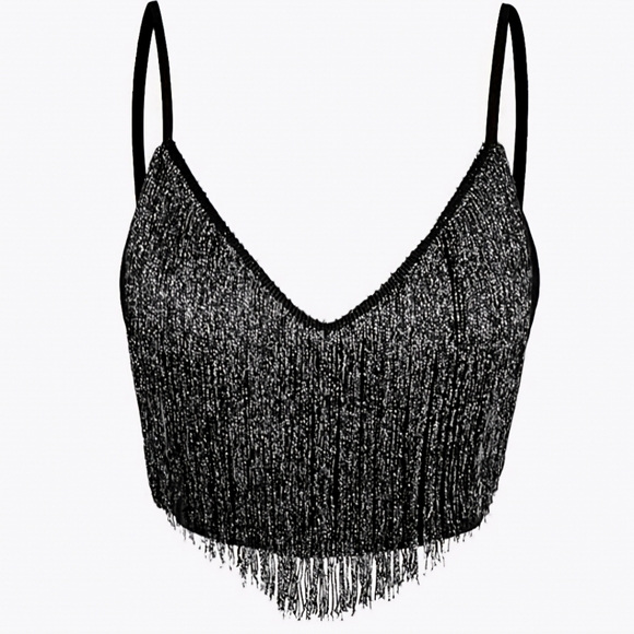 Womens Fringe Western Cowgirl Crop Top. Black with Silver Tassels. Size XS. New. - Picture 2 of 5
